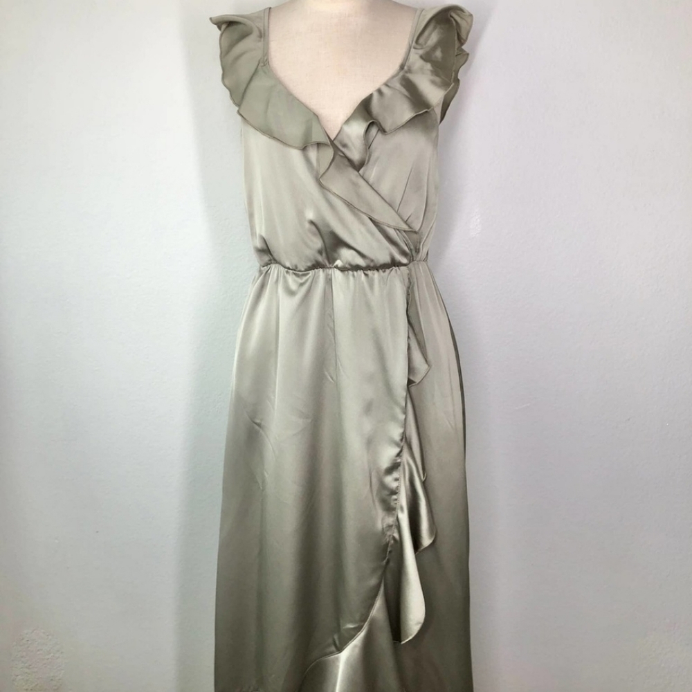 Show Me Your Mumu Samantha Ruffle Mock Wrap Dress Moss Green Luxe Satin Medium